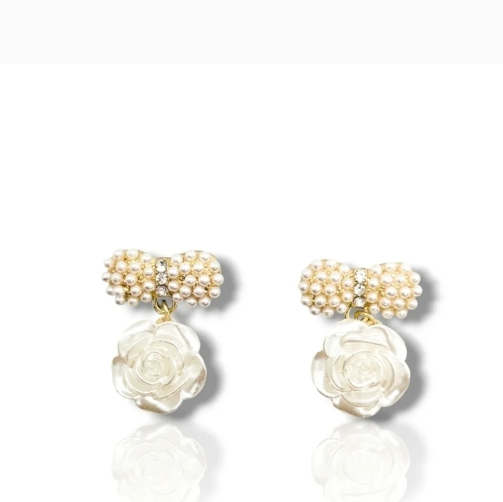 Faux Pearl Cluster Stud & Carved Rose Drop Earrings Romantic Floral
